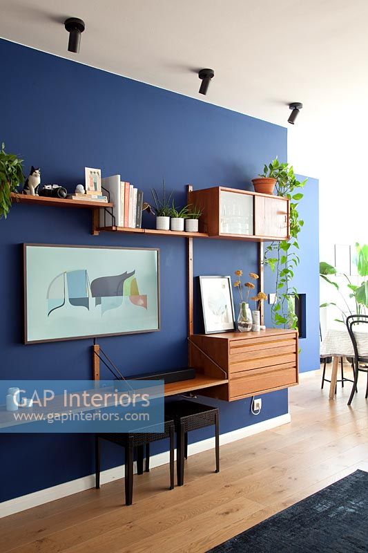 Blue painted feature wall with variety of shelves and units 