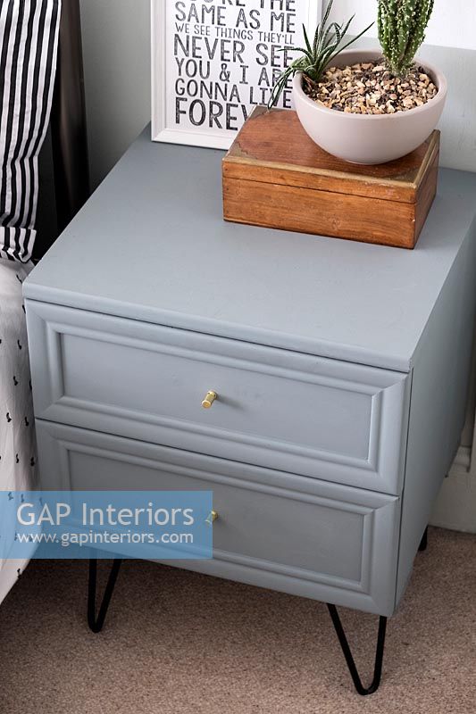 Grey painted bedside table with drawers 
