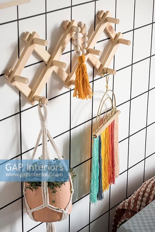 Detail of wooden wall mounted hooks with plant in macrame hanger