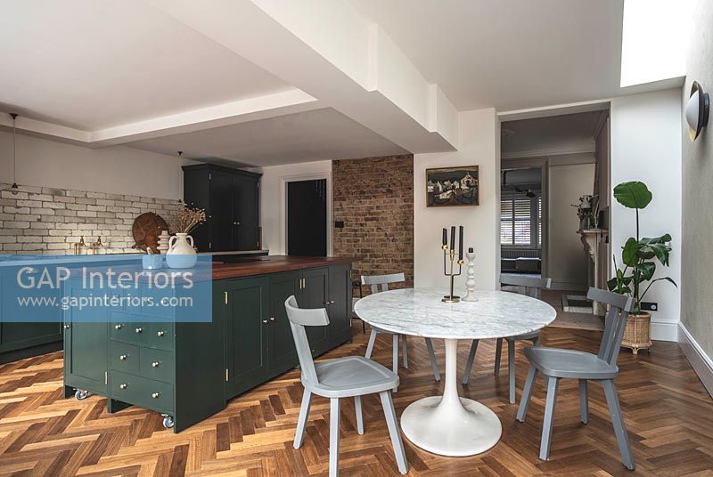 Parquet flooring in modern kitchen-diner 