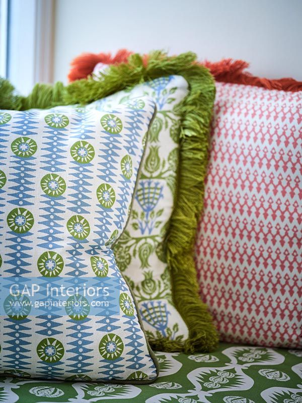 Patterned fabric covered cushions 