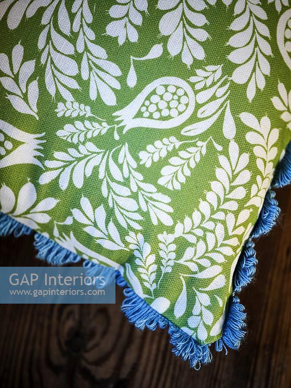 Green, white and blue patterned cushion - detail  