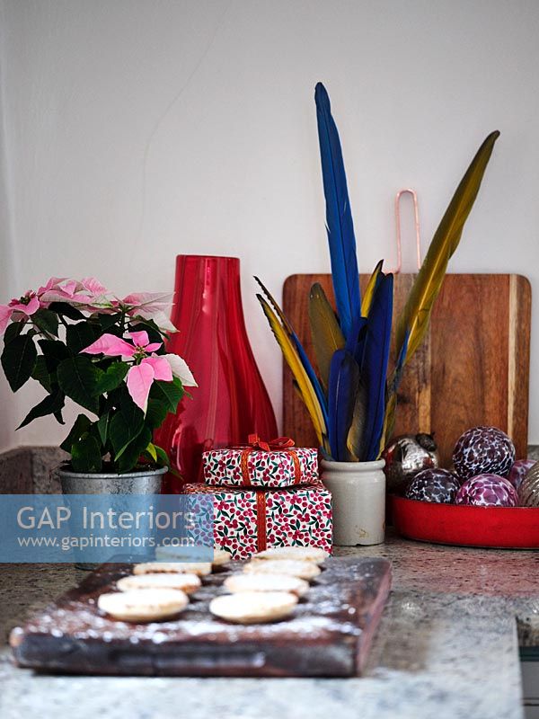 Poinsettia and Christmas presents on kitchen worktop