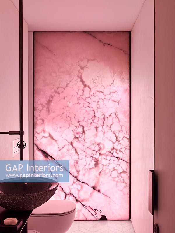 Decorative door in pink modern bathroom 
