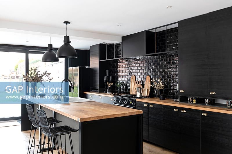 Black, white and wooden modern kitchen 