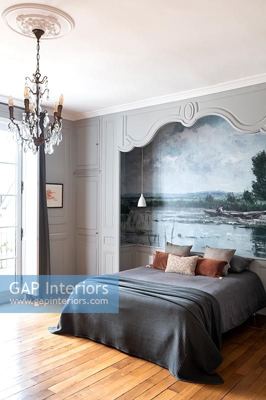 Fresco painting on alcove wall behind bed in classic style bedroom 