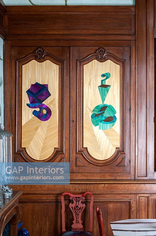 Colourful wooden inlaid cupboard doors 