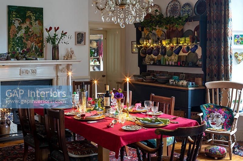 Country dining room decorated for Christmas dinner 