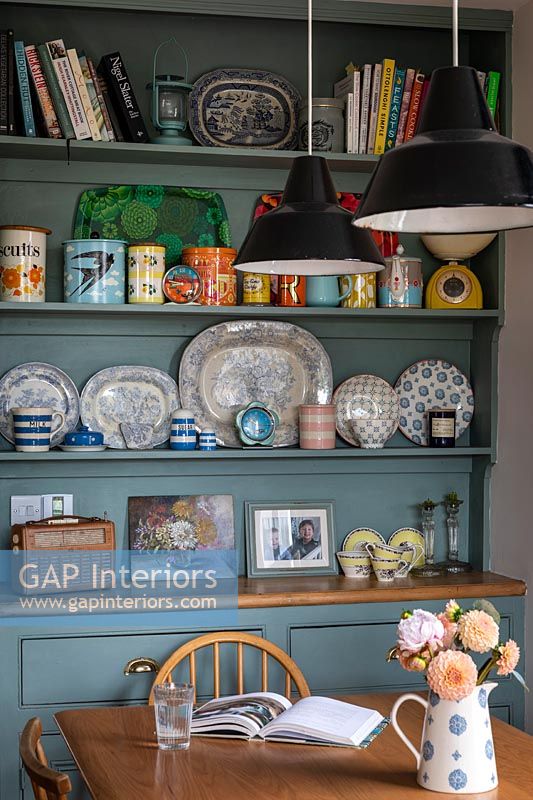 Blue painted dresser in country dining room 