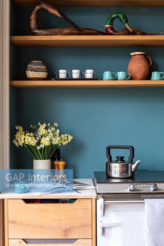 Modern kitchen with teal blue painted walls and wooden shelving 