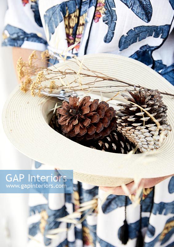 Collected pinecones and dried flowers in straw hat 