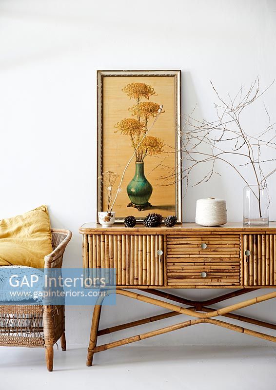 Bamboo cane sideboard and wicker chair 