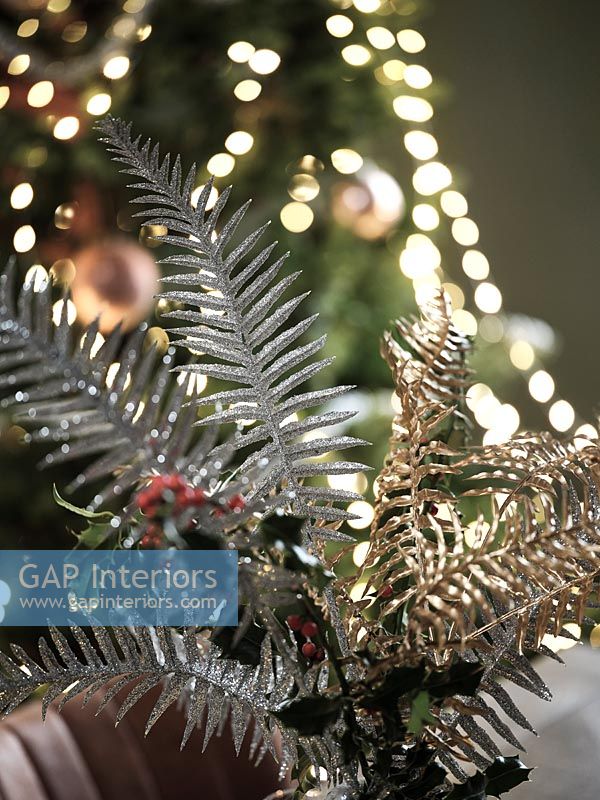 Detail of gold and silver Christmas decorations 