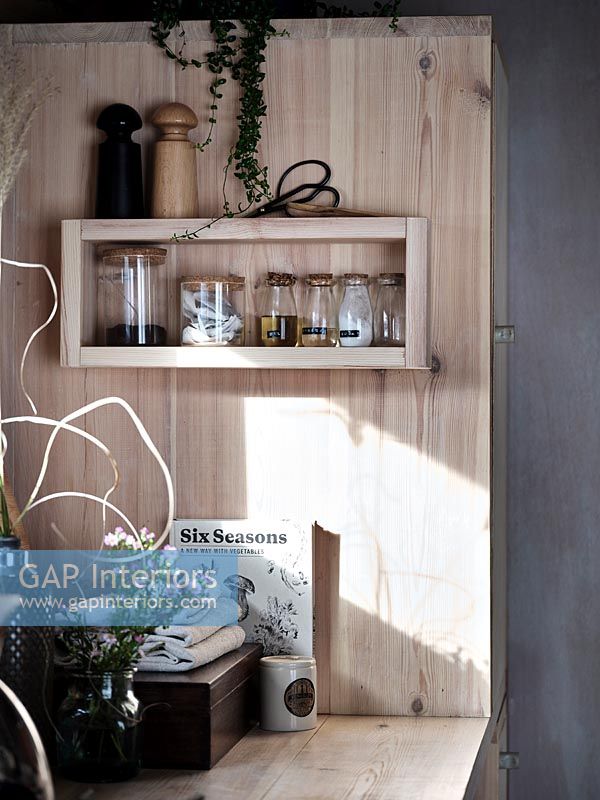 Small shelf in wooden kitchen 