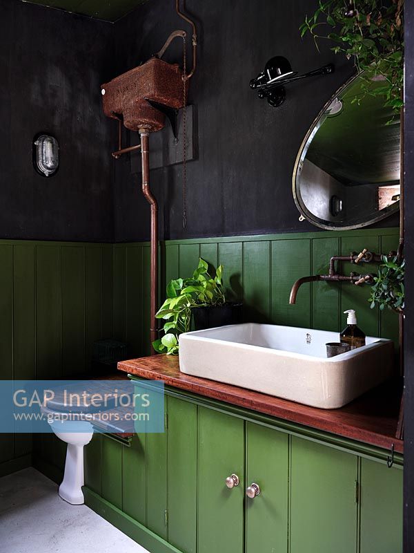Green and black painted country bathroom 