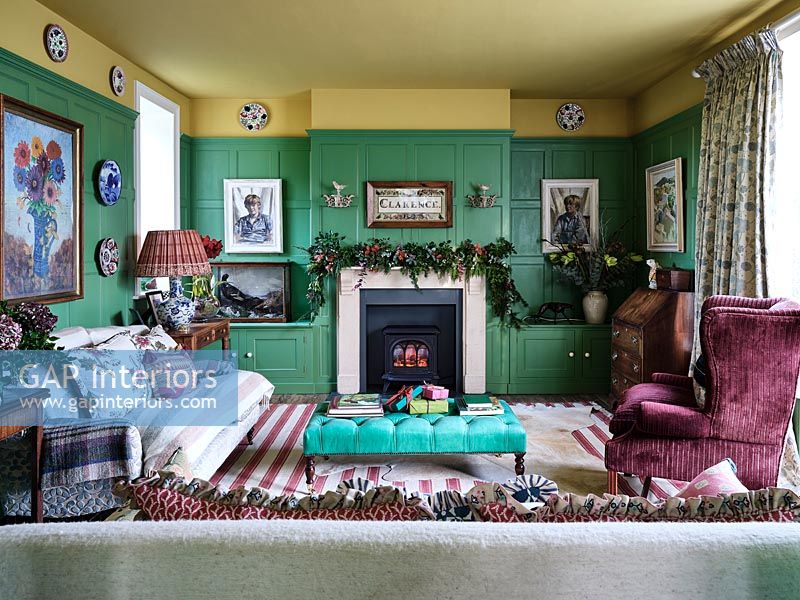 Colourful classic style living room decorated for Christmas 