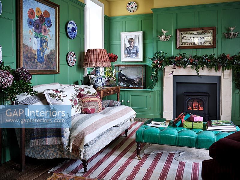 Colourful classic style living room decorated for Christmas 