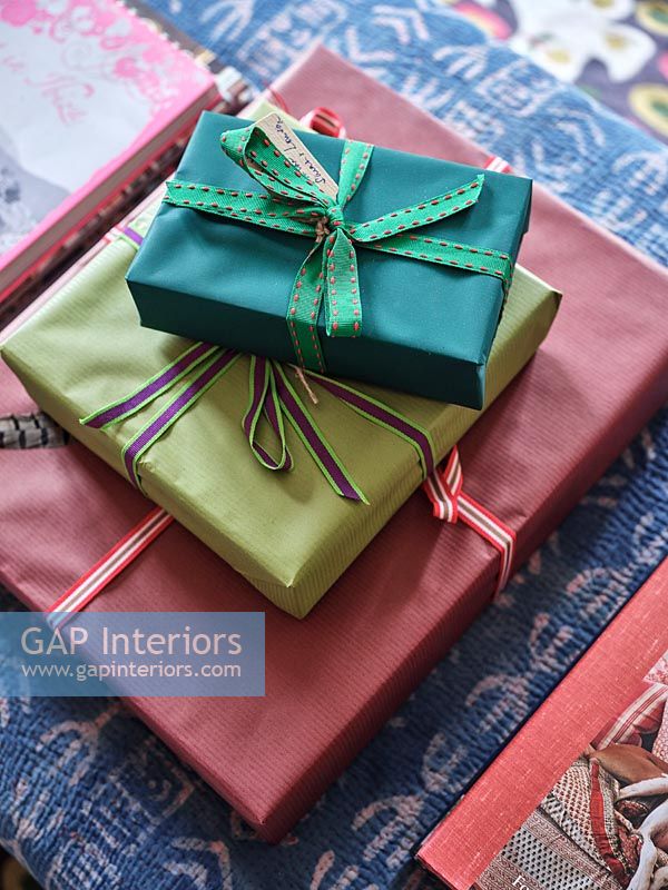 Detail of colourfully wrapped gifts 