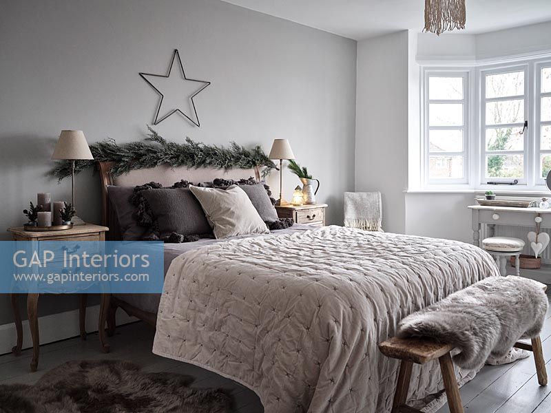Modern bedroom decorated for Christmas 