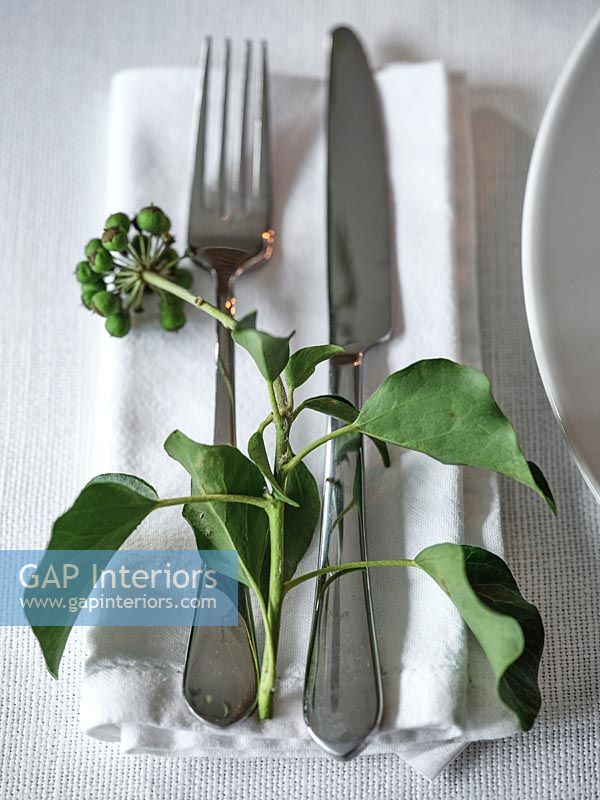 Detail of sprig of ivy over cutlery as decoration  