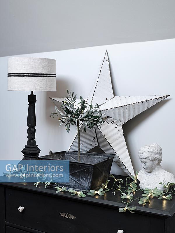 Black and white ornaments and lamp on sideboard 