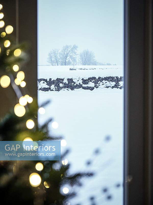 View of snow covered countryside through window next to Christmas tree 