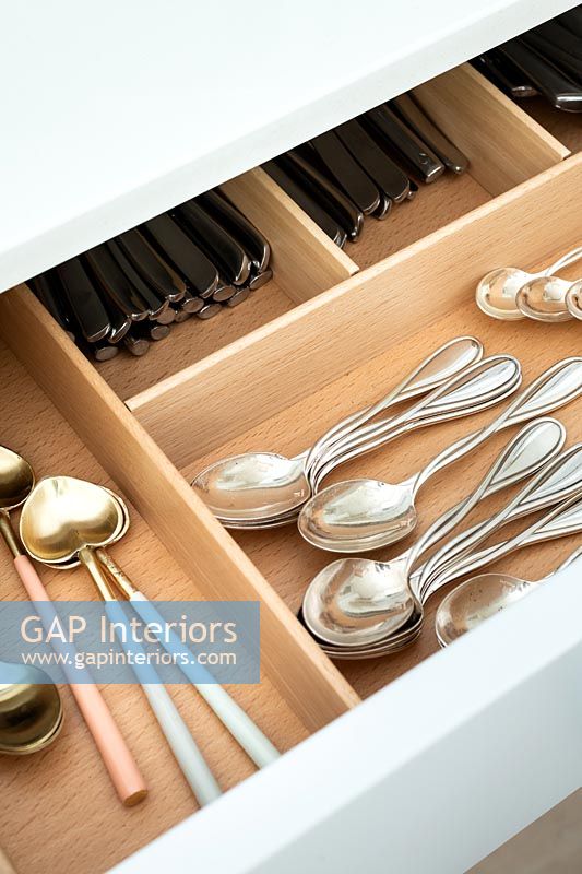 Detail of cutlery draw with divider tray 