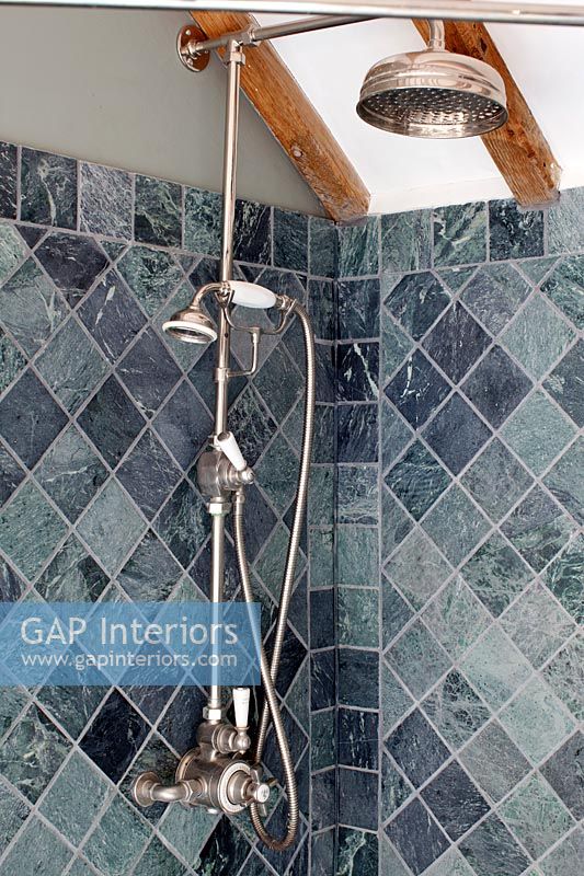 Closeup of shower and tiles