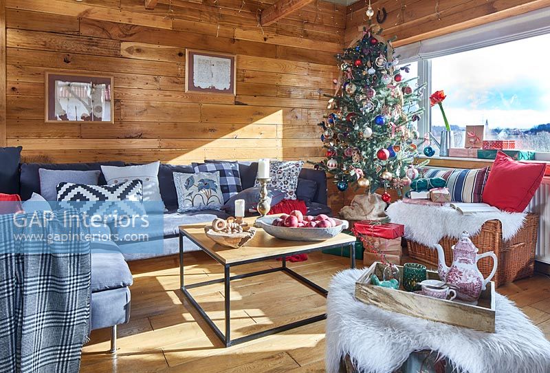 Modern country living room decorated for Christmas 