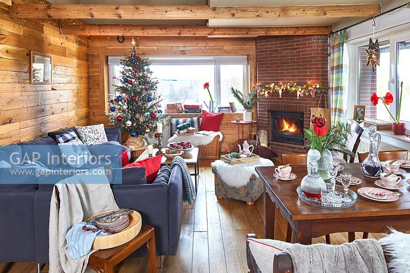 Modern country living room decorated for Christmas