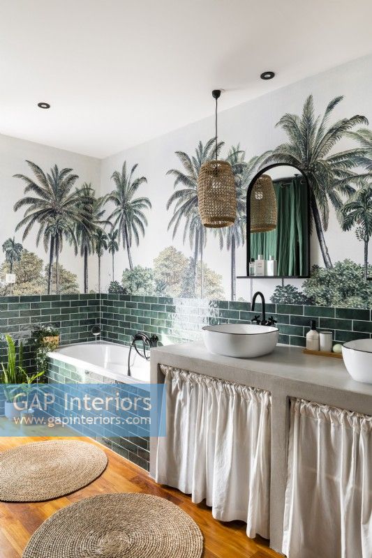 Modern country bathroom with tropical scene mural on wall