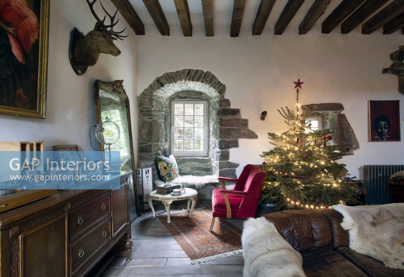 Country Living Room Decorated for Christmas