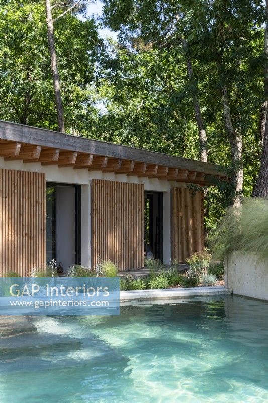 Swimming pool next contemporary wooden house in woodland