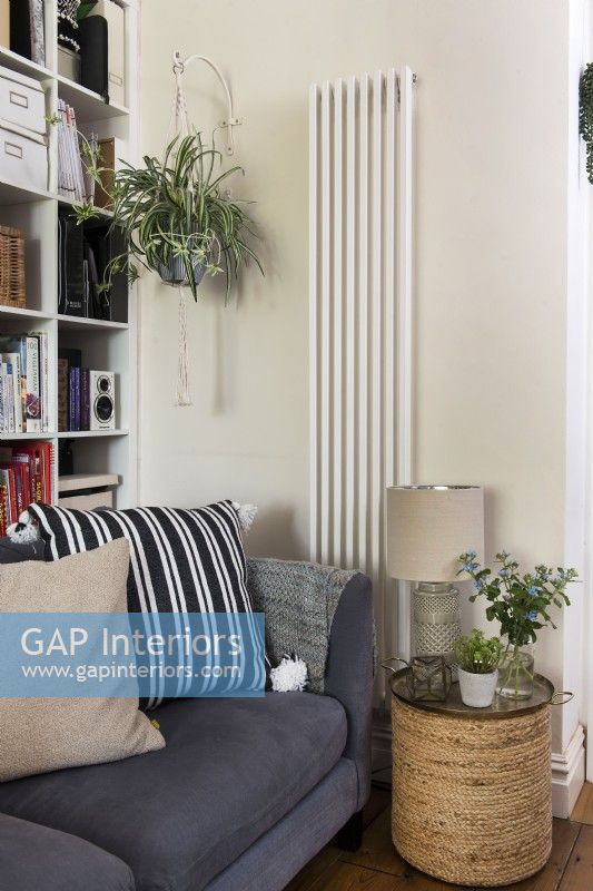 Tall vertical radiator on living room wall