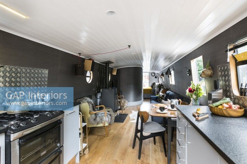 Open plan kitchen living room on canal boat.