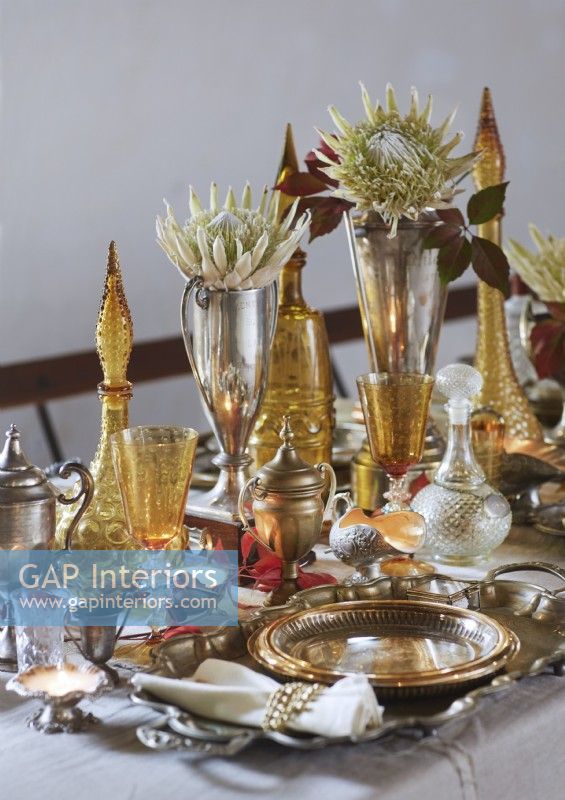 Detail of Christmas dining table with decorative glassware