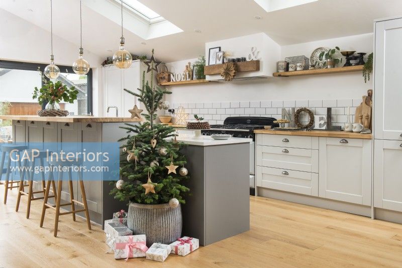 Modern kitchen decorated for Christmas