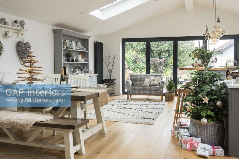 Christmas decorations in modern open plan living space