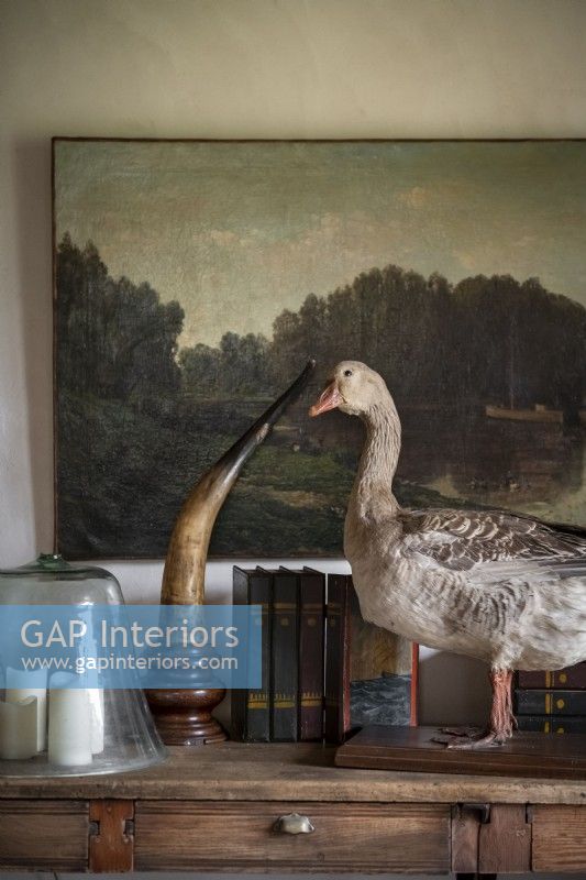 Taxidermy goose on wooden sideboard next to large painting