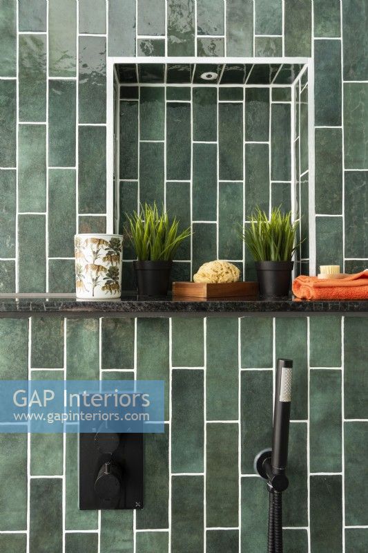 Alcove with shelf and accessories in a green tiled shower area
