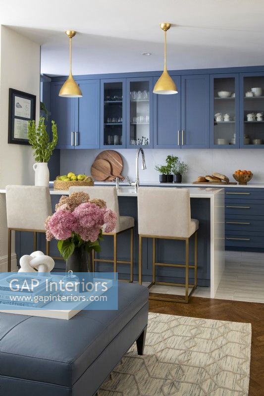 Modern kitchen in blue and white.