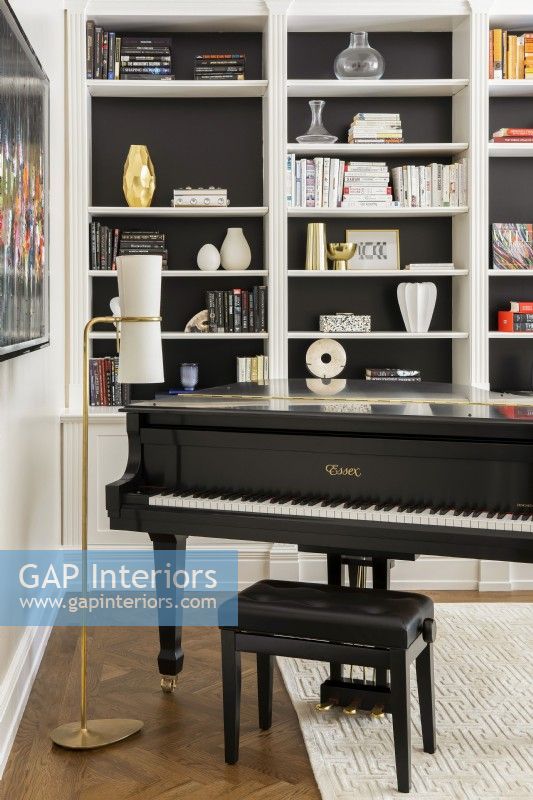 Black piano and stool in front of bookcase.
