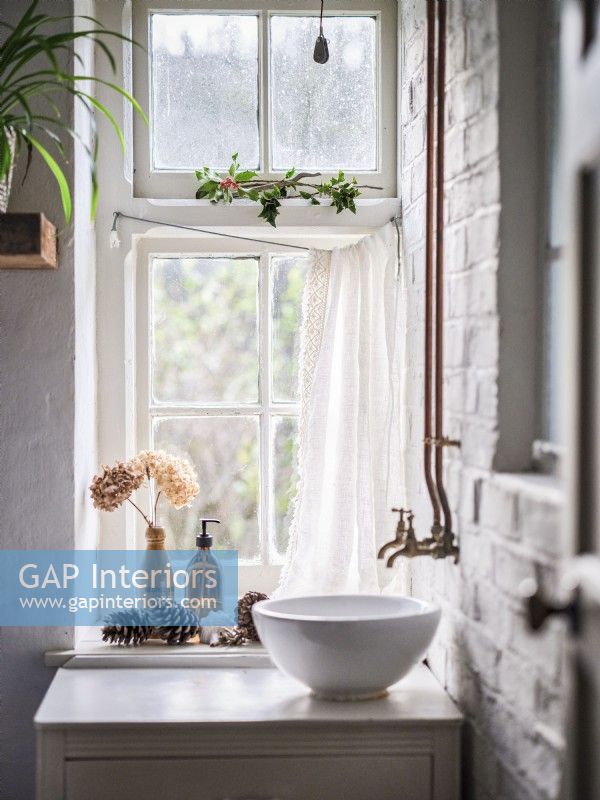 White sink below exposed pipes and decorative plant arrangement