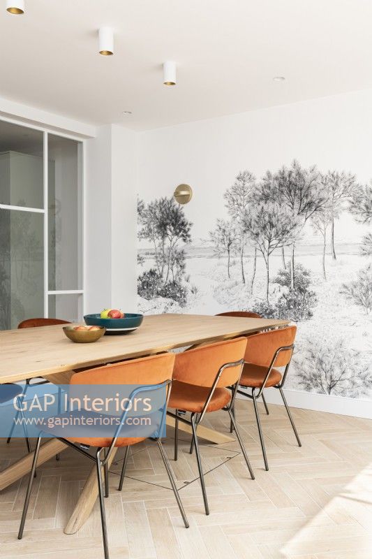 Contemporary dining room with wall mural