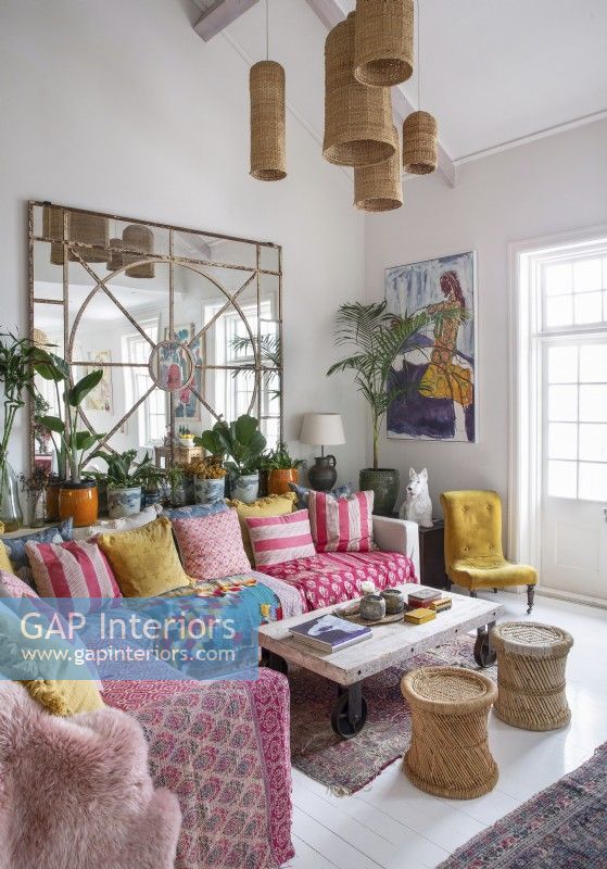 Colourful double volume living room  