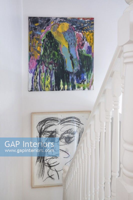 View of contemporary art on stairwell wall