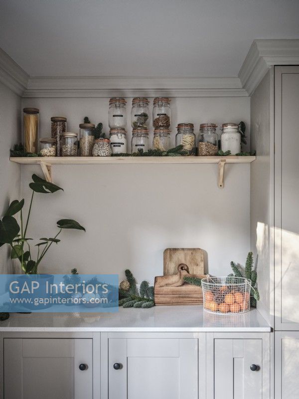 Storage jars and decorative plants in modern kitchen