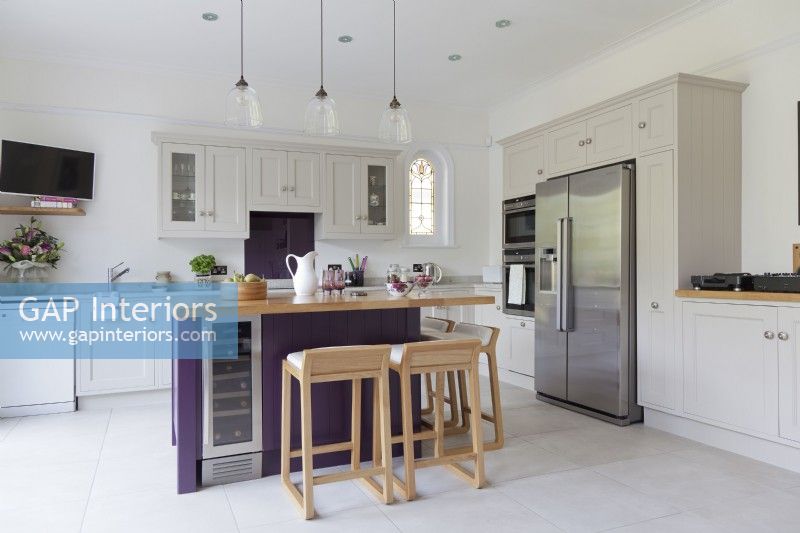 Grey and purple shaker style kitchen