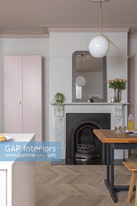 Pink and grey open plan dining room