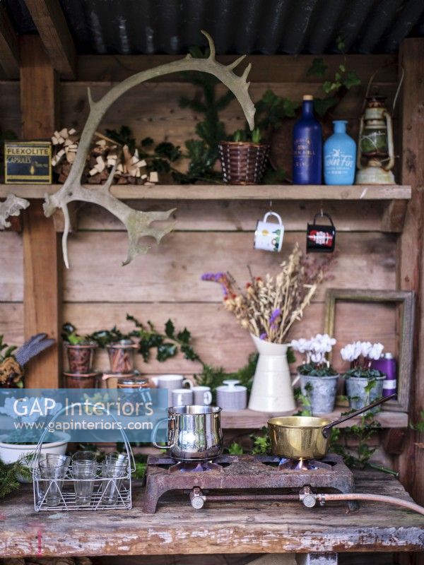 Plant arrangements in rustic outdoor kitchen 